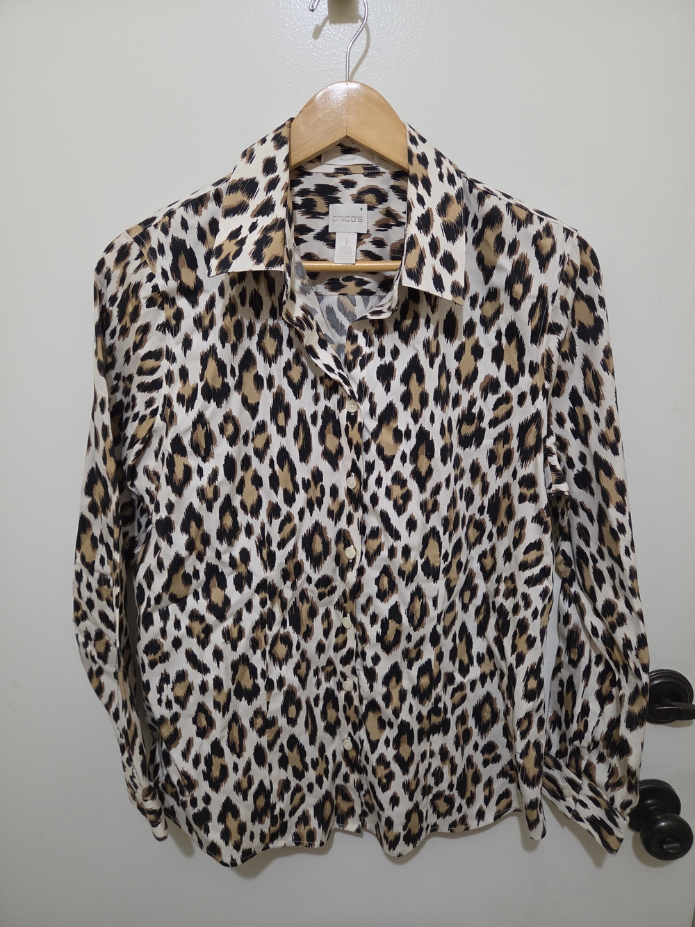 Chico's Leopard Print Button-Down Blouse - Ivory/Brown/Black - Size 1